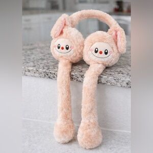 Labubu Plush Bunny Ear Muffs Hat – Press-to-Move Ears – Soft Cozy